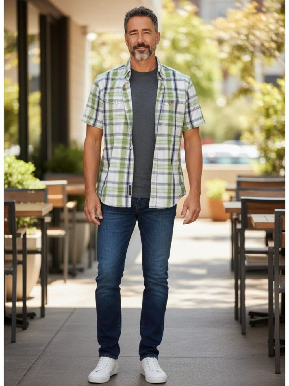 Fossil Mens Green White Plaid Short-Sleeve Button-Up Shirt 100% Cotton S Casual